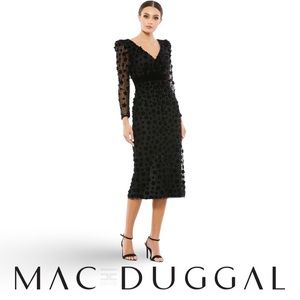 Mac Duggal Embellished V-Neck Illusion Long Sleeve Column Midi, 67856, Size 18